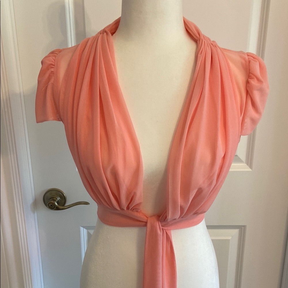 Coral Puff Sleeve Ruched Crop Shrug with Tie Detail. Size small